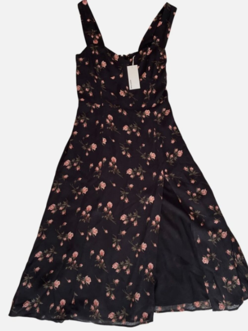 Reformation Fulton Midi Dress Romy Black Pink Floral Print Leg Slit Size 2
